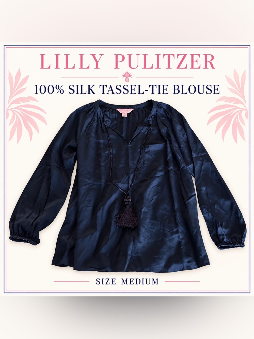 #0362 Lilly Pulitzer Navy 100% Silk Tassel-Tie Blouse Medium